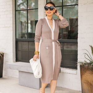 CAbi Beige Long Sleeve Sweater Dress with Beige Trim